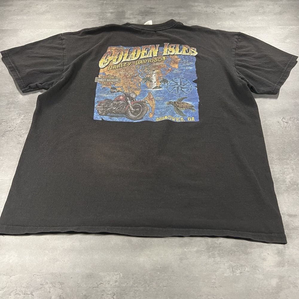 Harley Davidson T Shirt Men XL Black Golden Isles Faded Georgia Sea Island Biker